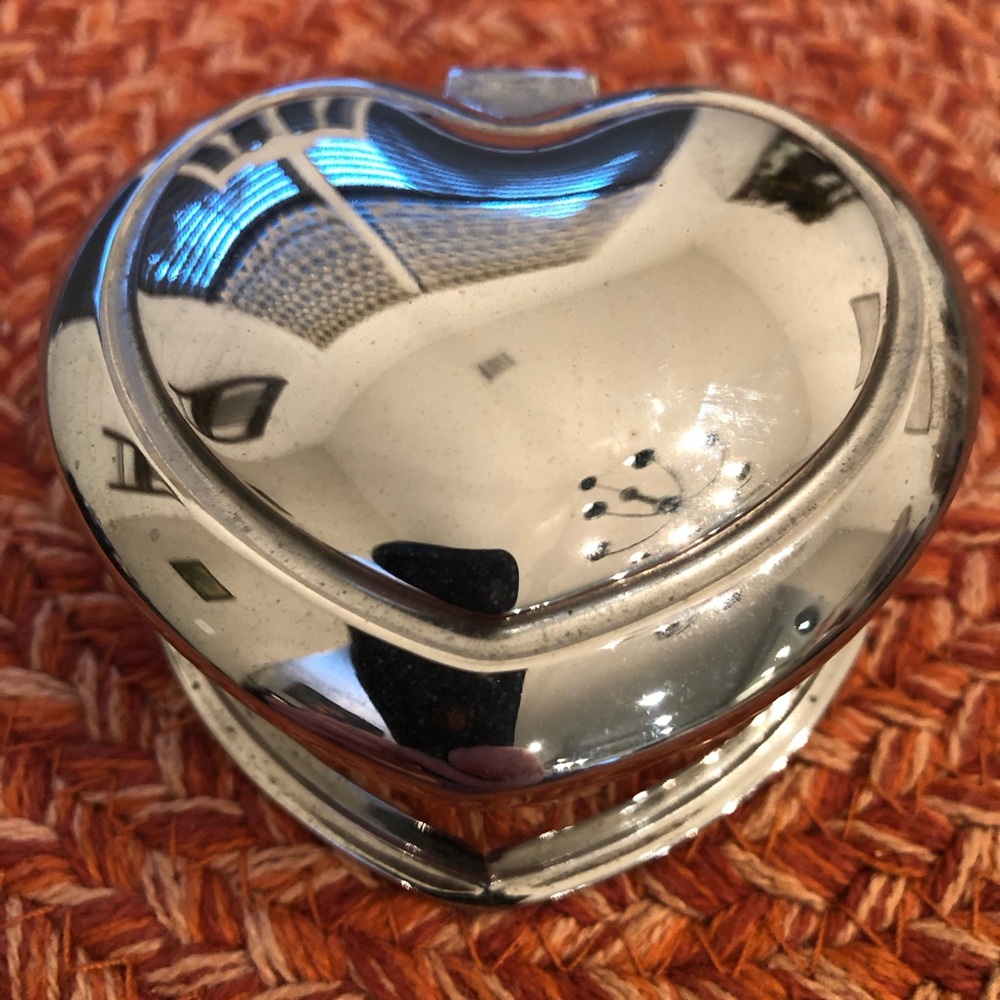 Vintage Metal Jewelry Trinket Heart Box Dark Blue Velvet Lining